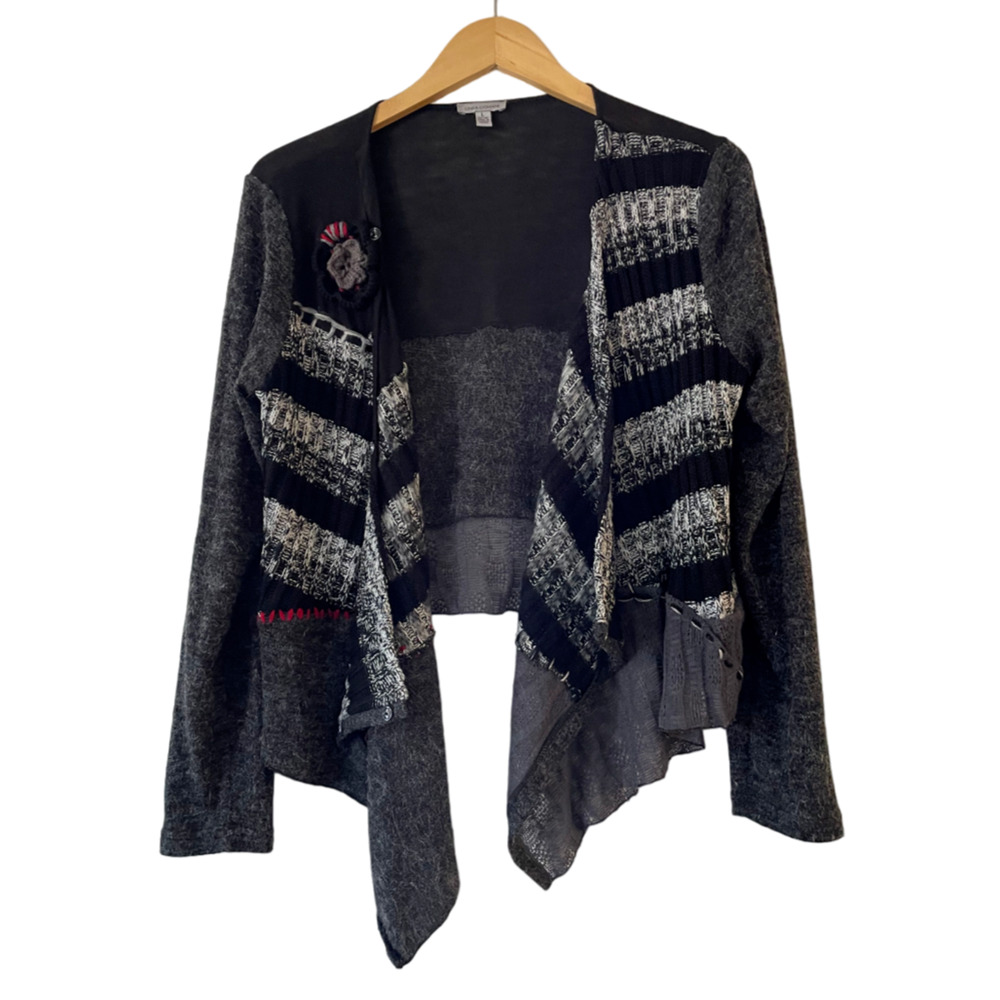 Linea Domani Cardigan Large Black Gray Mixed Lagenlook Asymmetric‎ Draped Open